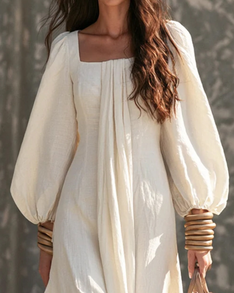 Square Neck Shirred Full Skirt Dress