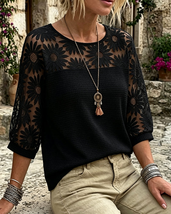 Round Neck Lace Waffle Patchwork T-Shirt