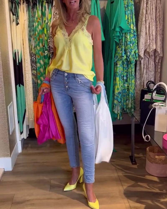 Spliced lace solid color camisole