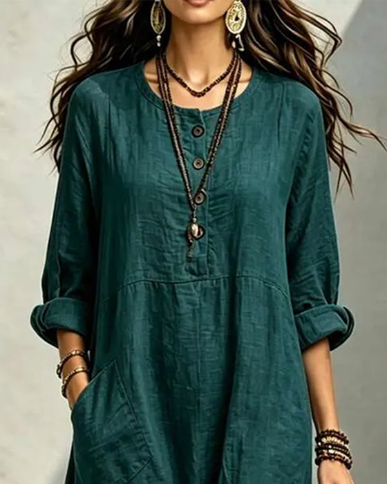Round Neck Button Pocket Solid Dress