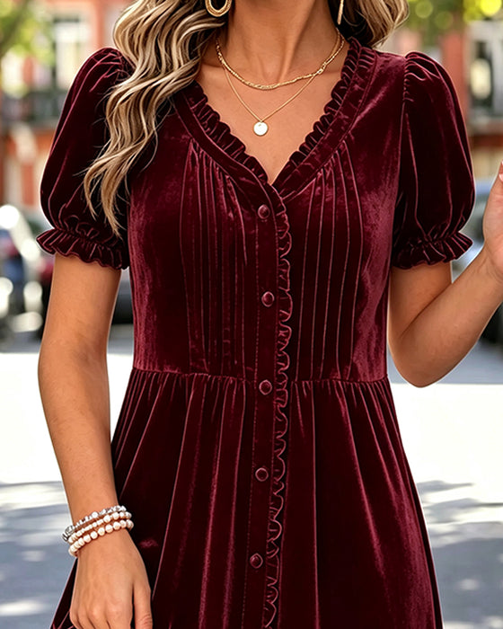 V-Neck Bubble Sleeve Shirred Dress