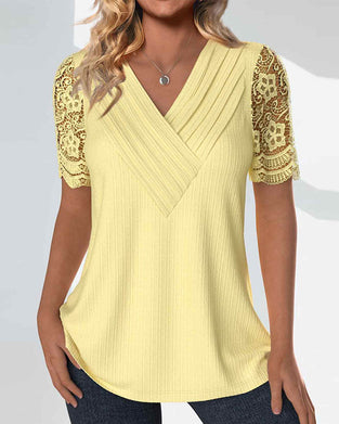 Short-sleeved lace patchwork top