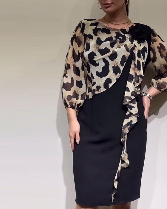 Leopard print splicing elegant dress