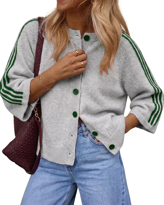 Striped 3/4 Sleeve Button Cardigan