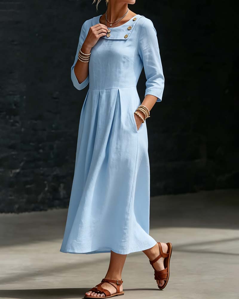 Crew Neck Side Button 3/4 Sleeve Dress
