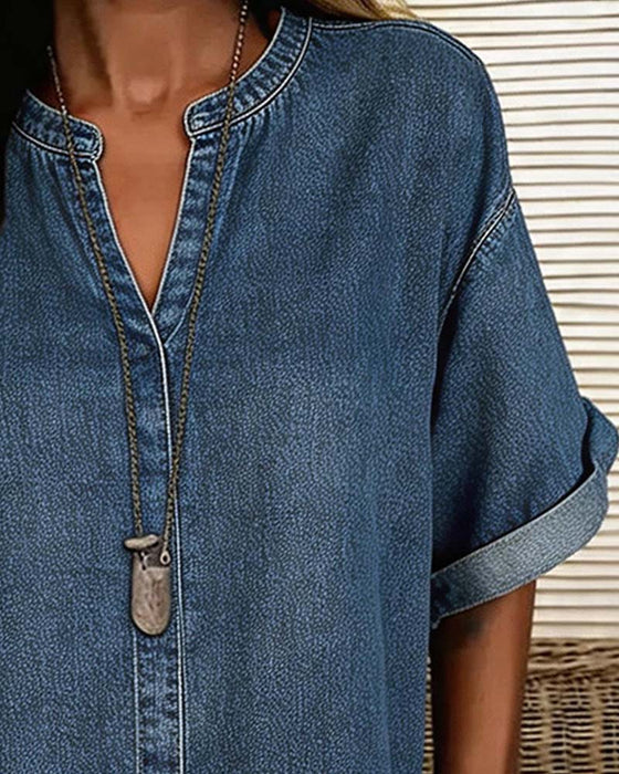 V-Neck Denim Short-Sleeve Blouses