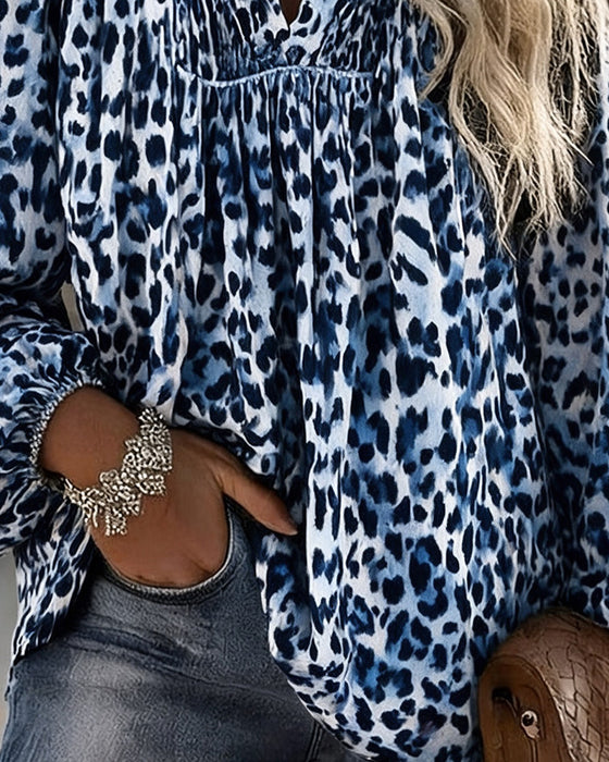 V-Neck Leopard Print Ruffled Puff Sleeve Blouse