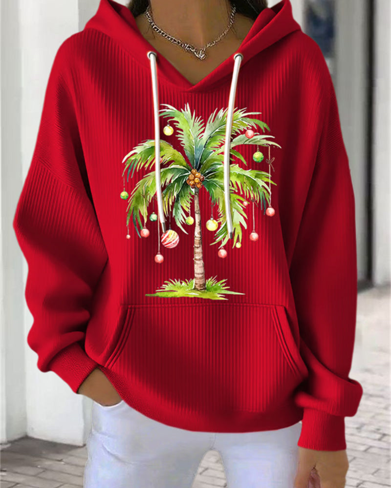 Hooded Casual Palm Tree Print Sweatshirt