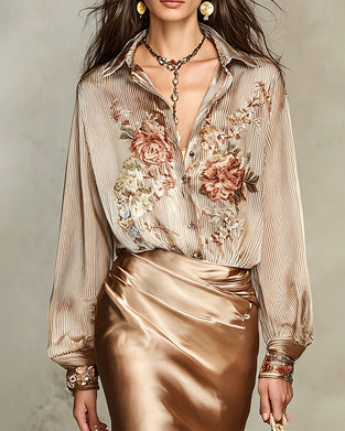 Lapel Floral Stripe Blouse