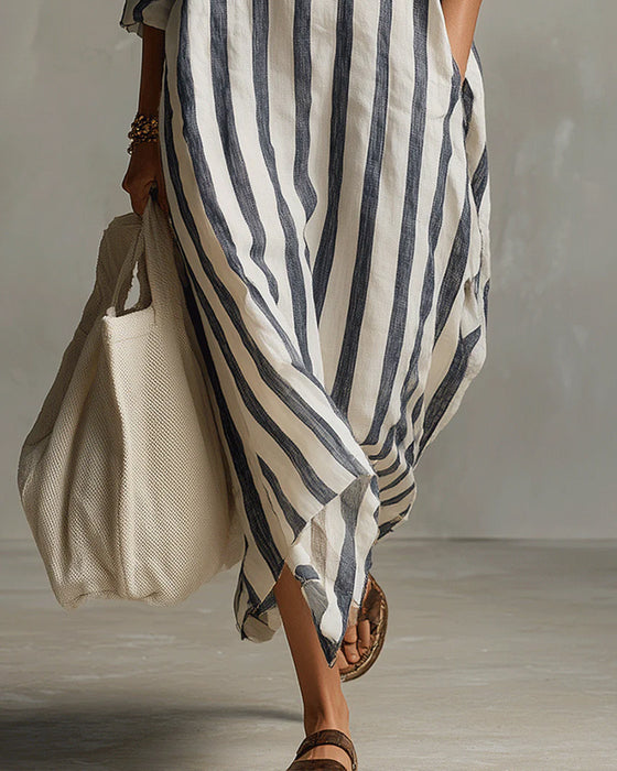Lapel Collar Striped Dress