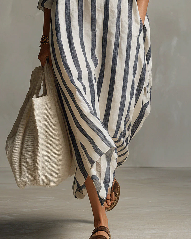 Lapel Collar Striped Dress
