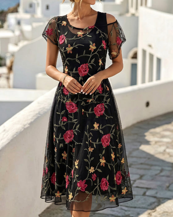 Floral-Print Crew Neck Sheer A-Line Dress