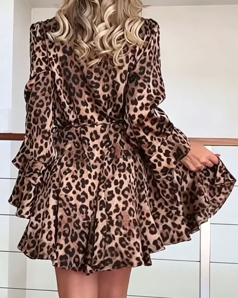 V-Neck Leopard Print Lace-Up Short Dress