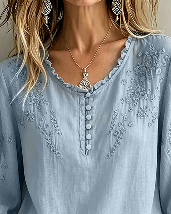 Embroidery 3/4 Sleeve Solid Color Blouse