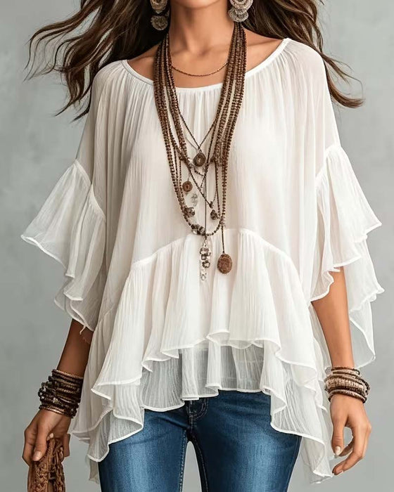 Crewneck Double Layer Ruffle Irregular Sleeve Blouse