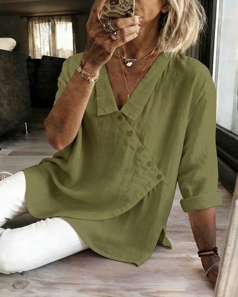 Asymmetrical Diagonal-Placket Collared Blouse