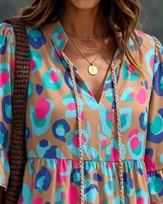 Colorful Print Fringe V-Neck Resort Dress