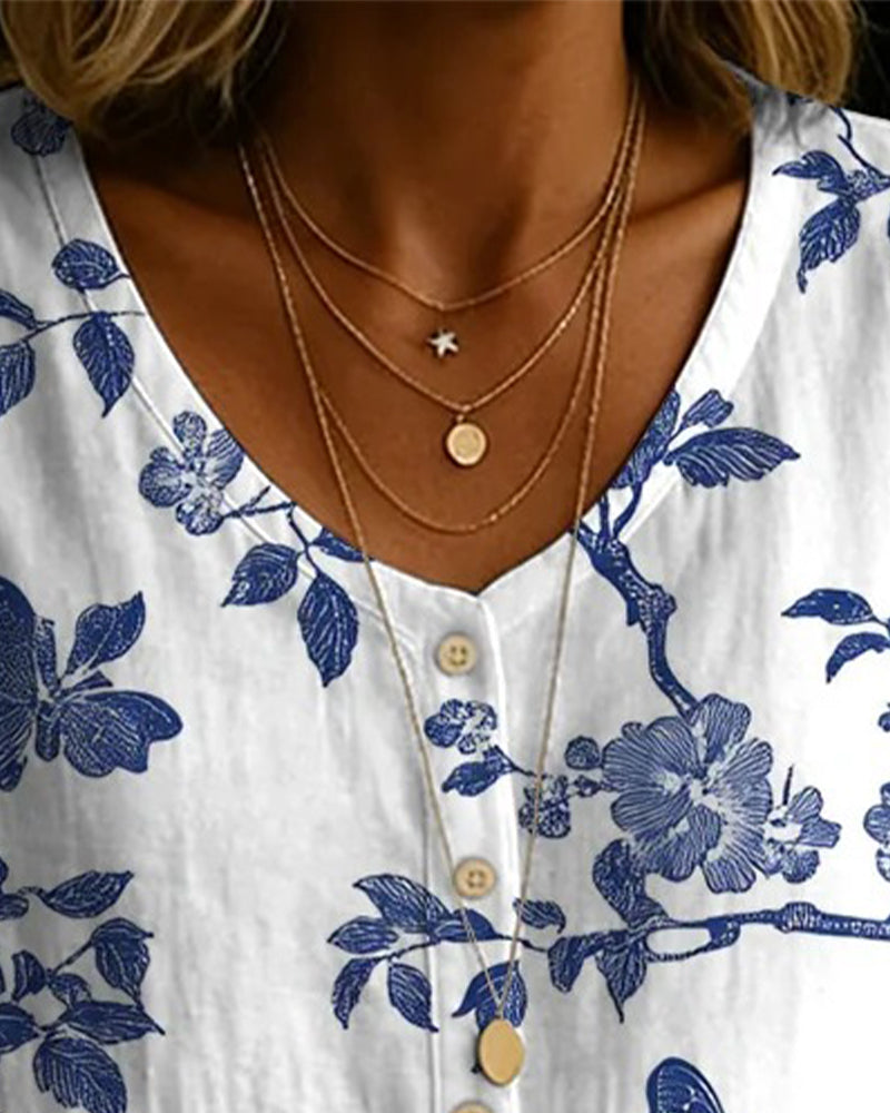 Butterfly And Floral Print Button-Down Blouse