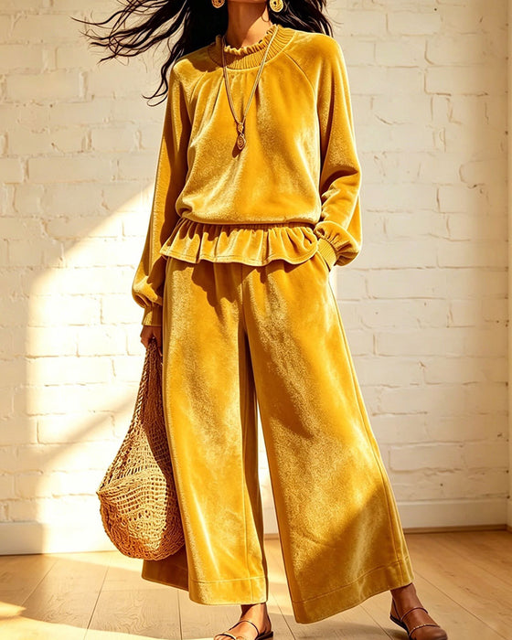 Solid Color Ruffled Top Wide-Leg Pants Set