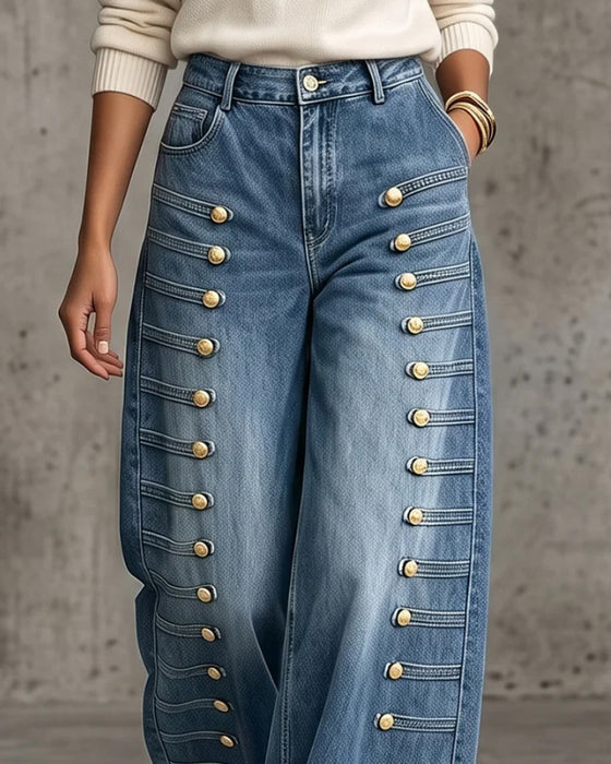 Button Pocket Wide-Leg Denim Long Pants