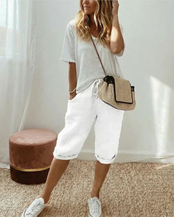 Solid color drawstring comfortable trousers