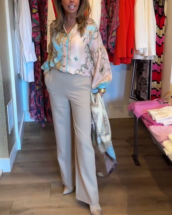 Retro printed lantern sleeve elegant shirt