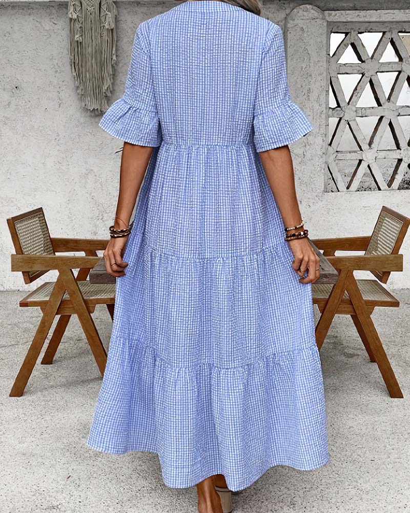 Blue White Gingham V-Neck Dress