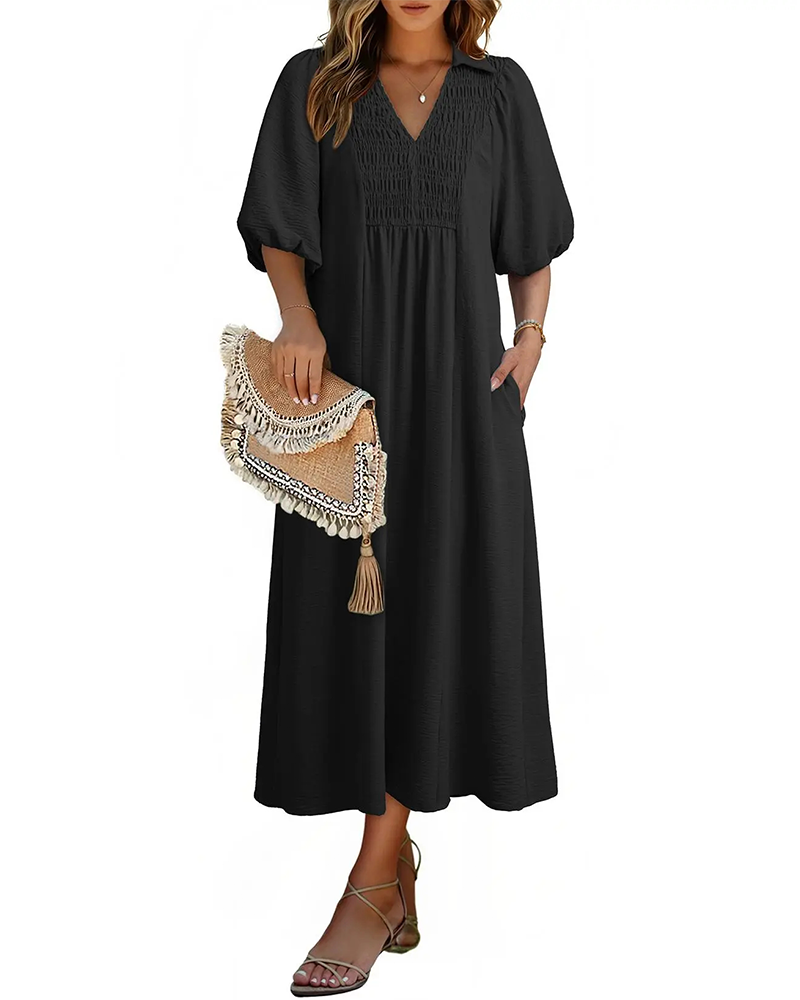 V-Neck Flap Puff Sleeve Maxi Dress