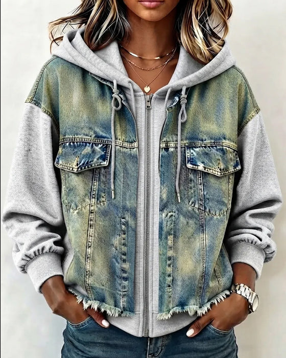 Denim Patchwork Hooded Sweatshirt Coat