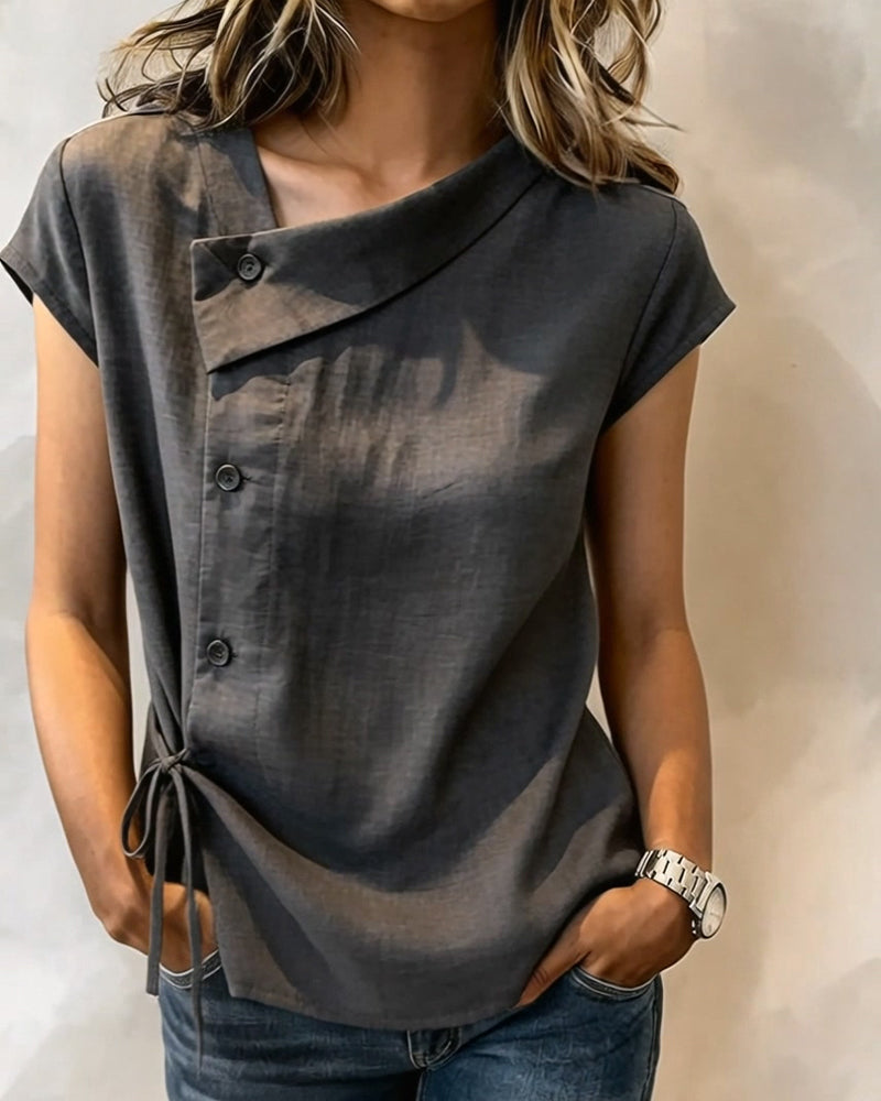 Slant Collar Solid Color Blouse