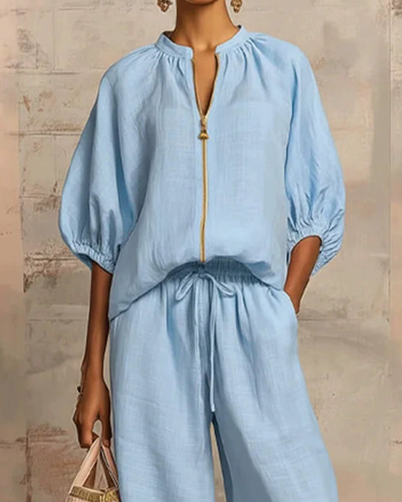 Zipper Crewneck Top Wide Leg Pants Two-Piece Sets