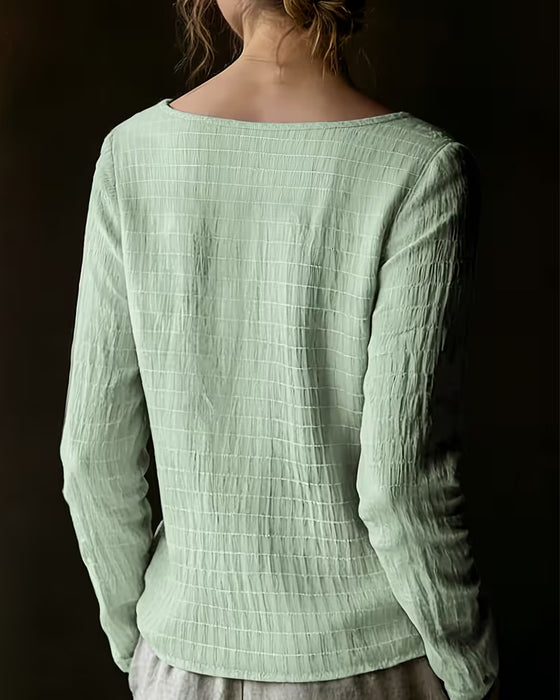 Crew Neck Smocked Lace Panel Solid Blouse