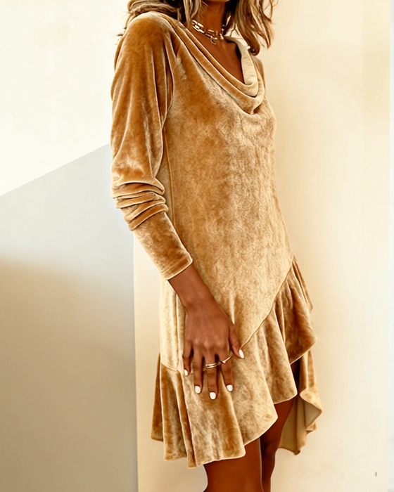 Slouchy Collar Ruffled Paneled Velvet Dress