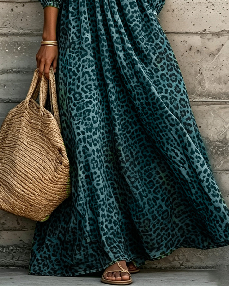 Leopard Print V-Neck Puff Sleeve Dress
