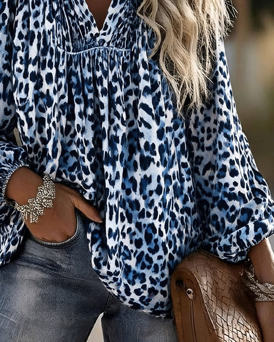 V-Neck Leopard Print Ruffled Puff Sleeve Blouse