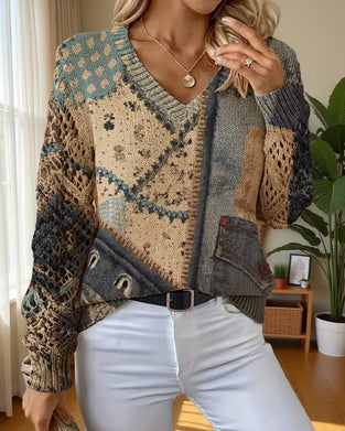 V-Neck Color Block Hollow Out Loose Pullover