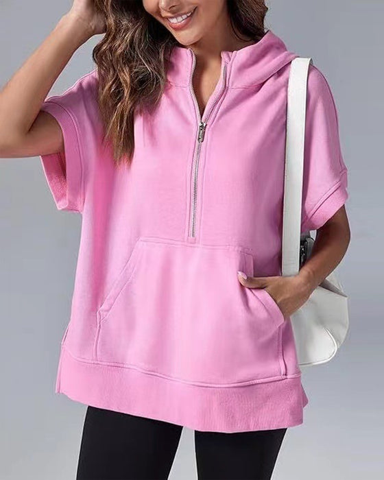 Short Sleeve Partial Zipper Hooded Sweatshirt