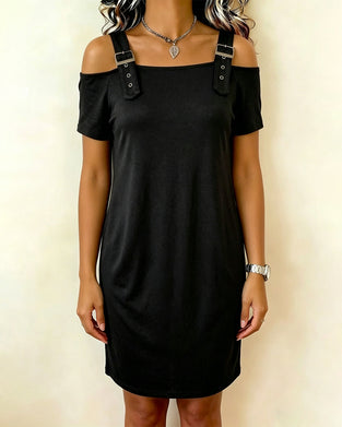 Metal Ring Off-Shoulder Solid Short Sleeve Dress