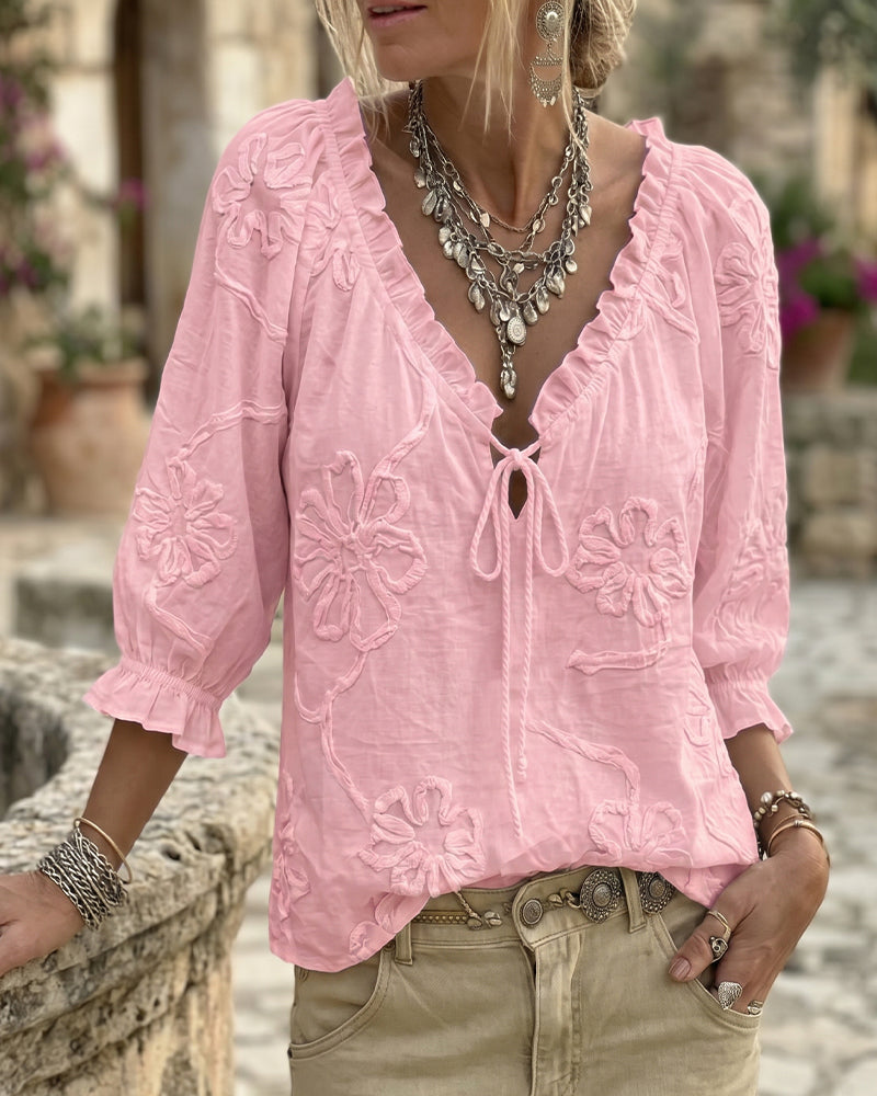 V-Neck Wrap Tie Ruffled Blouse