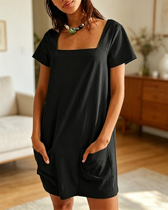 Square Neck Short-Sleeved Pocket Dress