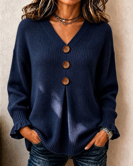 V-Neck Button Pullover Sweater