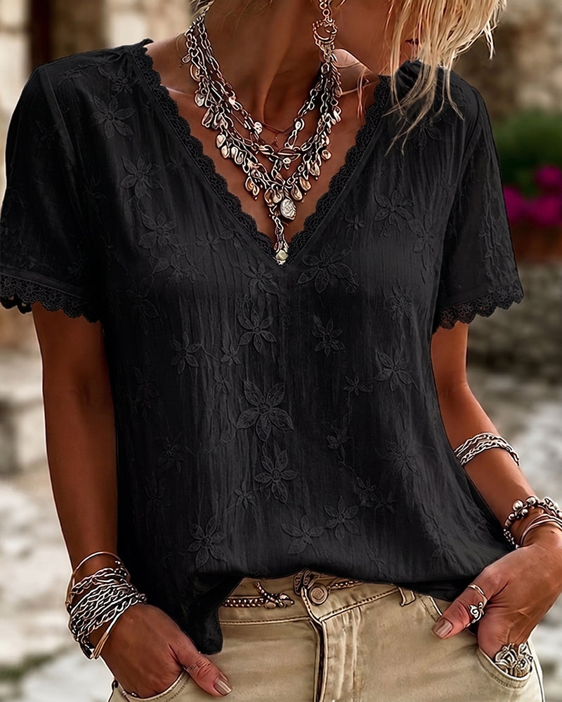 V-Neck Lace Short Sleeve Blouse