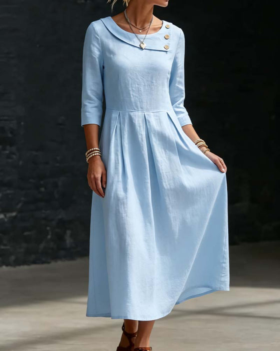 Crew Neck Side Button 3/4 Sleeve Dress