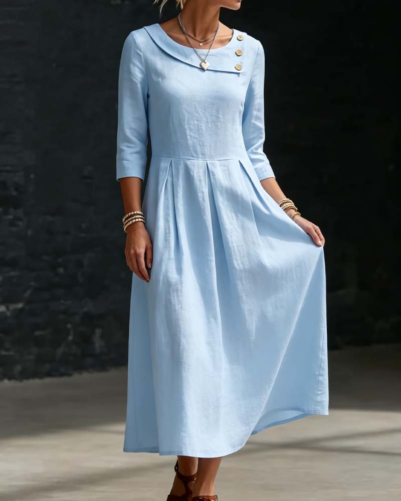 Crew Neck Side Button 3/4 Sleeve Dress