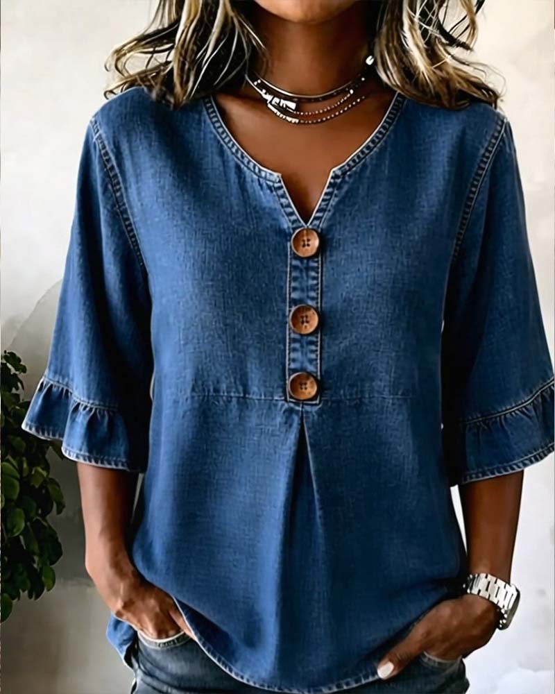 V-Neck Flared Sleeve Denim Blouse