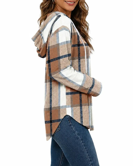 Plaid Hooded Drawstring Blouse