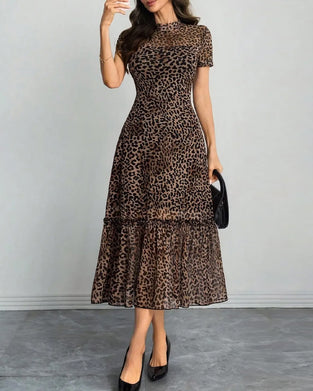 Leopard Mock Neck Mesh Midi Dress