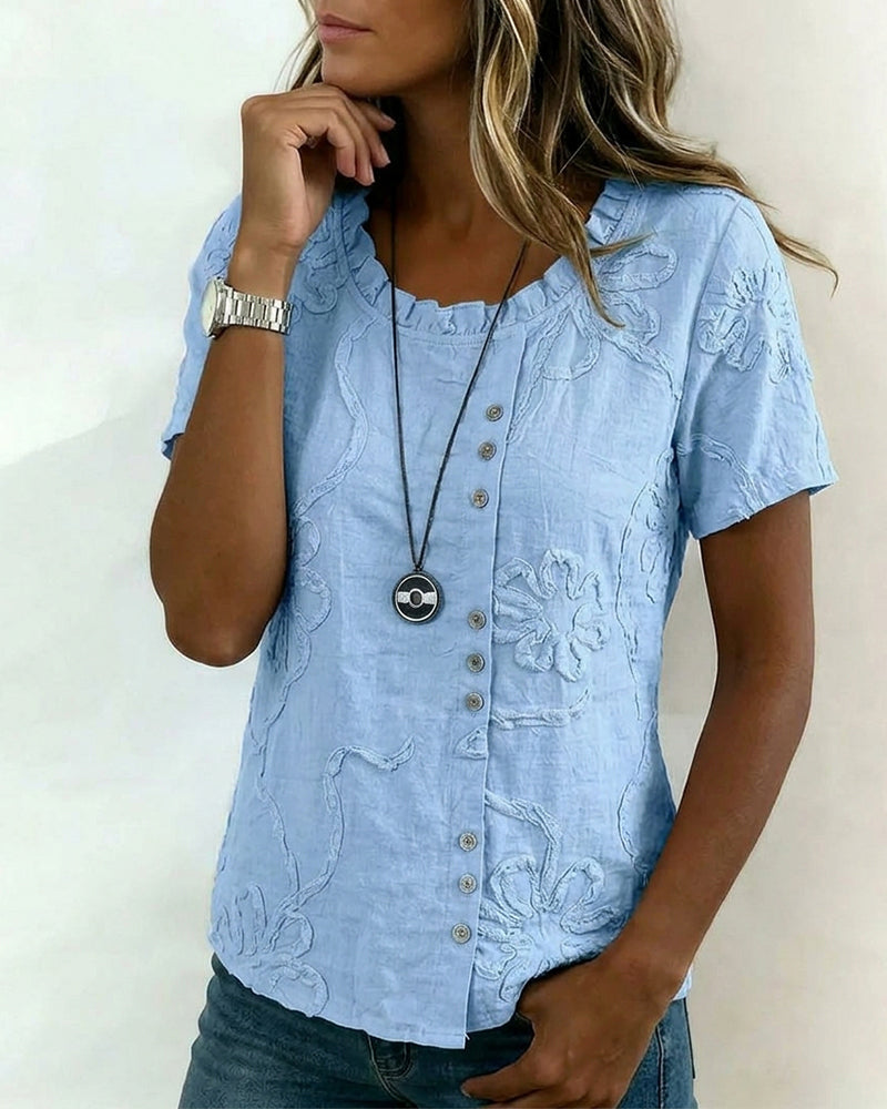Textured Floral Side-Button Blouse