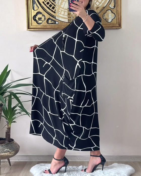 Round Neck Long Sleeve Pocket Loose Dress