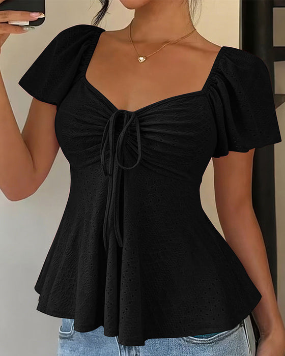 Hollow-Out Drawstring Short Sleeve Solid Color Blouse